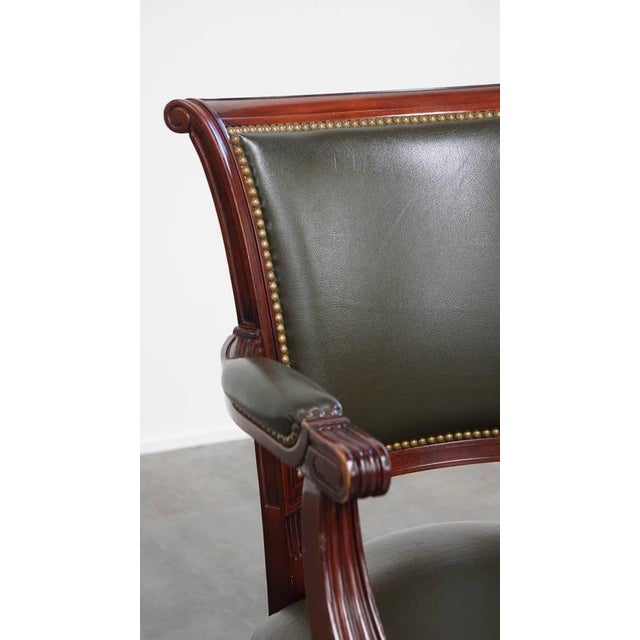 English Green Cowhide and Wooden Office Chair with Decorative Nails on Wheels For Sale - Image 10 of 15