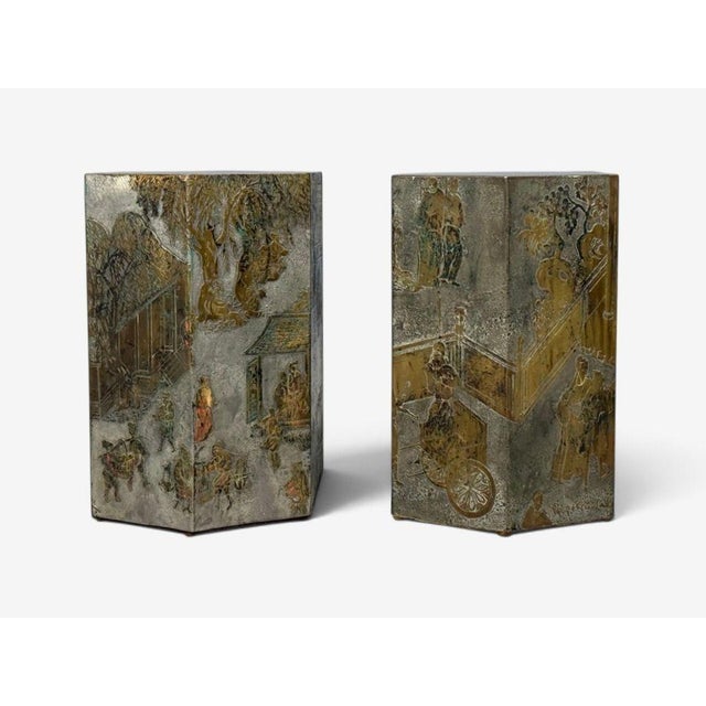 Army Green Philip & Kelvin LaVerne, Rare Hexagonal Side Tables, Etched Brass, Usa, 1960s For Sale - Image 8 of 18