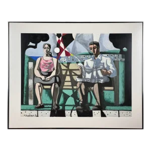 Jack Gerber (1927-2021) - Modernist Couple on Bench, Signed (1958, Oil on Board)/Cubist/Picasso