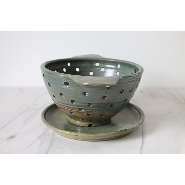Vintage Glazed Studio Art Pottery Berry Strainer W/ Saucer For Sale - Image 4 of 10