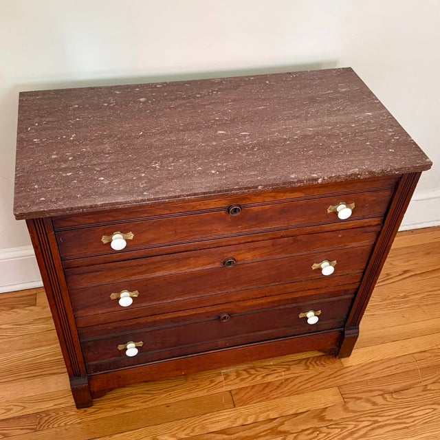 Brown Antique Victorian Marble Topped Three Drawer Dresser Chest For Sale - Image 8 of 8