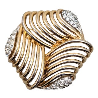 Vintage C1950 Signed Boucher Goldtone Openwork Pavé Clear Rhinestones Brooch For Sale