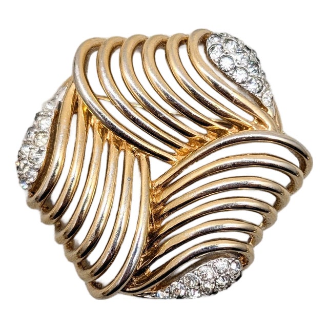 Vintage C1950 Signed Boucher Goldtone Openwork Pavé Clear Rhinestones Brooch For Sale