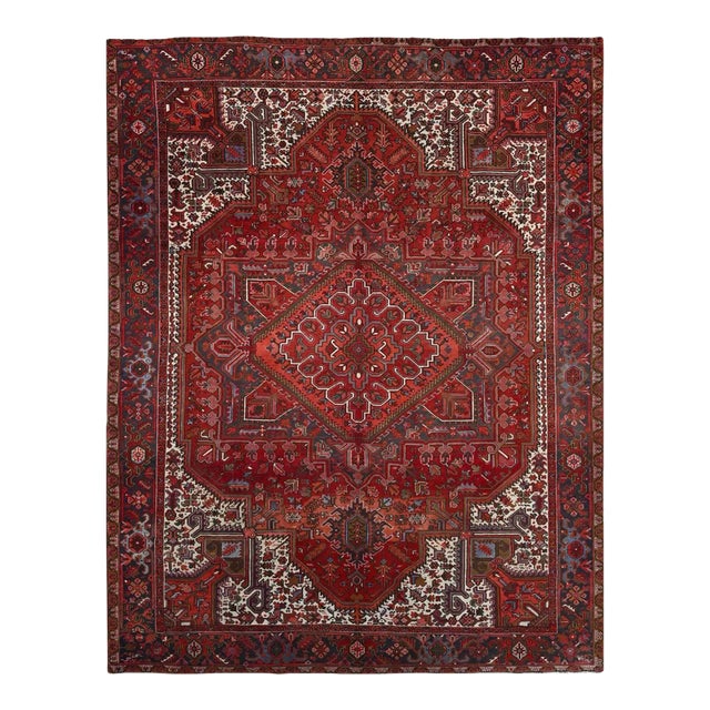 1960 10'x12'5" Red Pure Wool Hand Knotted Semi Antique Persian Heriz Oriental Rug For Sale