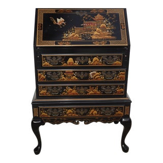 Vintage Oriental Chinoiserie Asian Black Secretary Desk W Drawers Lock Has Key For Sale