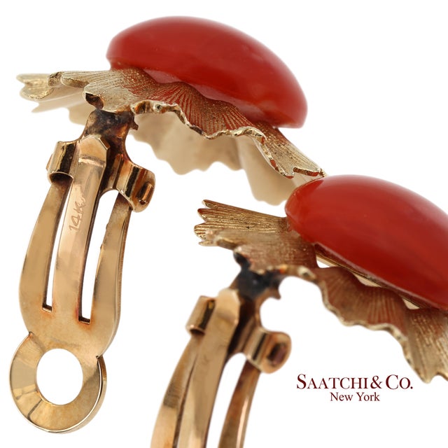 Metal Vintage Gia Certified 14k Yellow Gold Natural Coral Earrings With Omega Back, Pair For Sale - Image 7 of 13