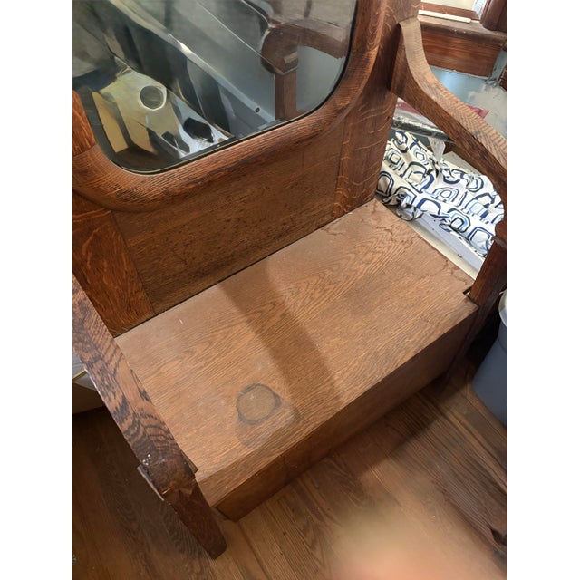 Sienna Turn-of-the-Century Victorian Carved Oak Hall Tree Bench With Original Brass Hardware & Mirror For Sale - Image 8 of 12