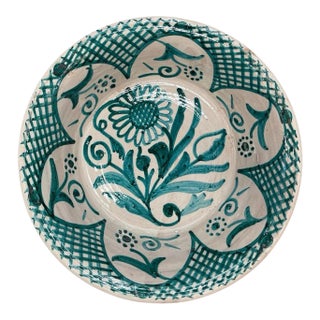 Vintage Moroccan Hand-Painted Green & White Ceramic Lebrillo Bowl For Sale