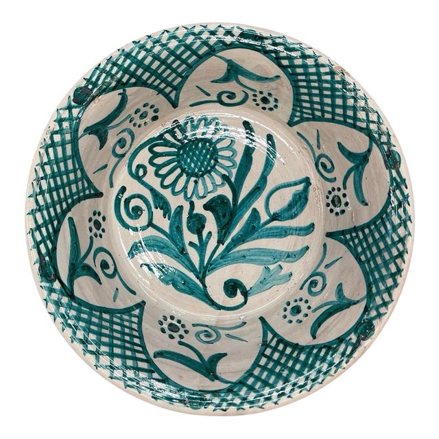 Vintage Moroccan Hand-Painted Green & White Ceramic Lebrillo Bowl For Sale