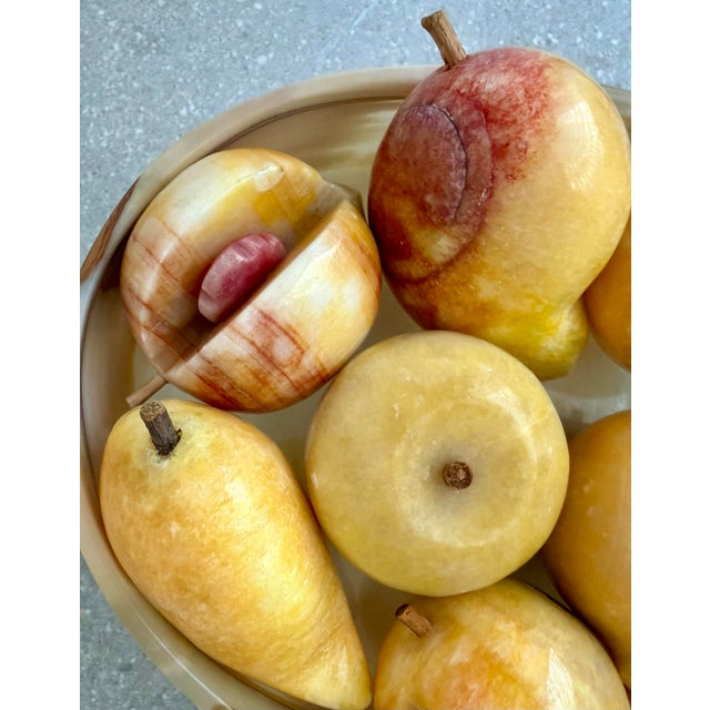 Champagne Exceptional Vintage Mid-Century Mexican Carved Onyx Stone Pedestal Bowl, Centerpiece Filled With 12 Assorted Onyx Fruit For Sale - Image 8 of 12