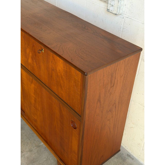 Brown Vintage Danish Modern Teak Secretary Sideboard Cabinet With Drop Front Bar 1960s For Sale - Image 8 of 10