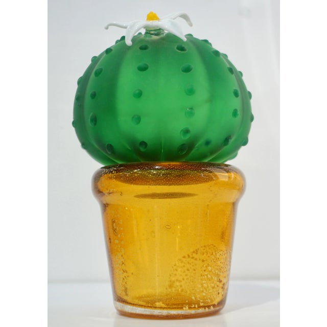 Modern Formia 1990s Vintage Italian Green Murano Glass Cactus Plant With White Flower For Sale - Image 3 of 11