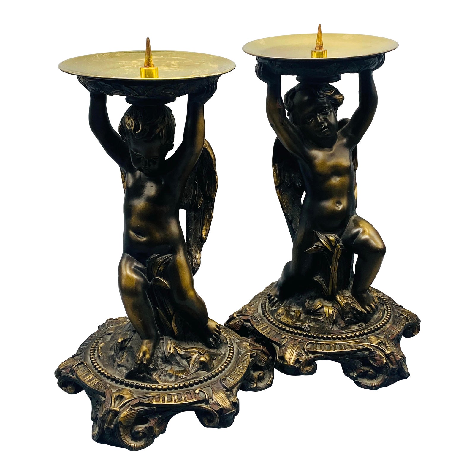 Set of 2 Vintage 1980s Bronze Cherubs Candle Holders Made in England