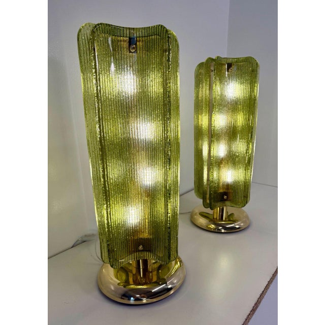 Glass Murano Glass Table Lamps in Ribbed Green Glass and Brass, 2000s, Set of 2 For Sale - Image 7 of 18