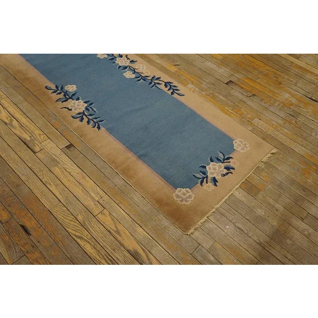 Cornflower Blue Blue Antique Open Field Floral Deco Runner Chinese Peking Carpet Rug For Sale - Image 8 of 9