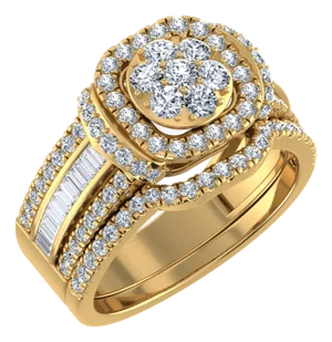 10K Yellow Gold Round Baguette Diamond Womens Sz 7 Designer Bridal Ring 1-1/4 Cttw, Size 7