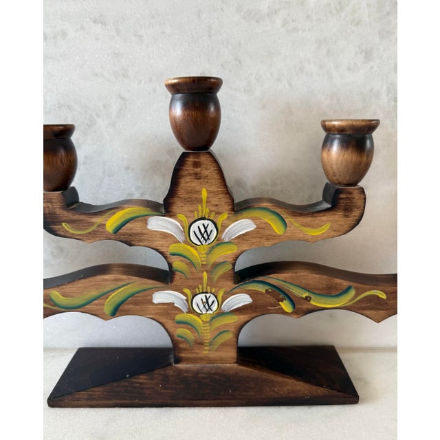Vintage Swedish Wood Hand Painted 5 Arm Candelabra For Sale In Austin - Image 6 of 11