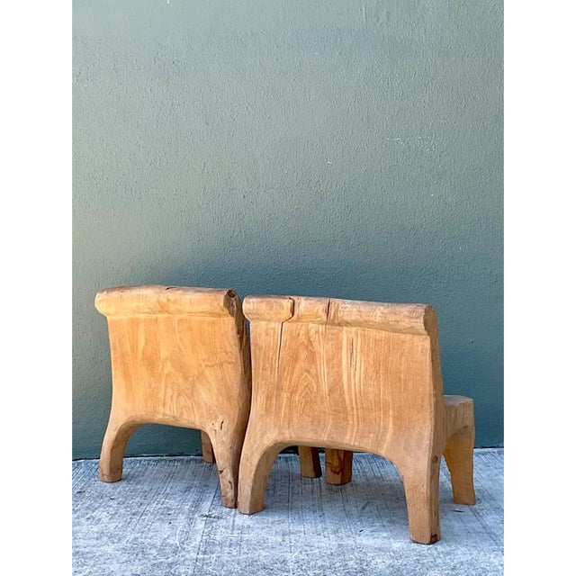Late 20th Century Vintage Carved Wood Low Stools - Pair For Sale - Image 5 of 12