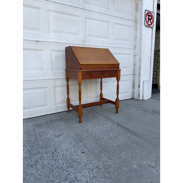 American Vintage Colonial Revival Drop-Front Secretary Writing Desk With Turned Legs and Interior Compartments For Sale - Image 3 of 12