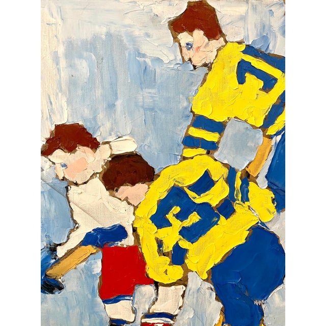 Judy Rifka (American, b. 1945) Oil on linen painting Titled: "Ice Hockey IV 1990" featuring A depiction of hockey players...