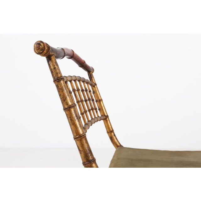 Mid-Century Modern French Faux‑Bamboo Folding Chair in Gilded Wood and Green Fabric, 1850 For Sale - Image 3 of 11