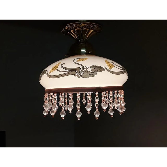 1990s Small Vintage Ceiling Lamp with Decorated Brass Mounting with Patterned Glass Screen with Glass Hanging, 1990s For Sale - Image 5 of 6