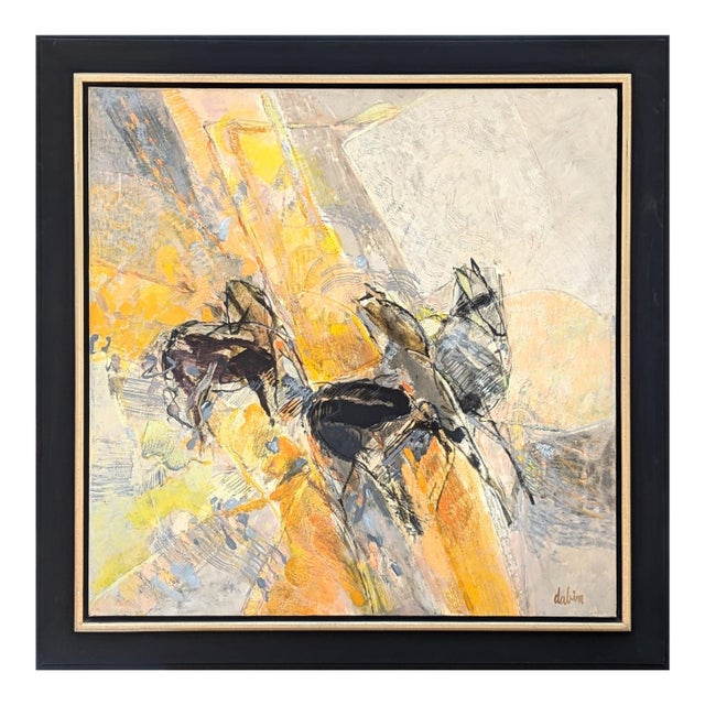 Joël Dabin "Cheveux en Liberte" Modern Yellow Abstract Expressionist Painting of Horses, 1992 For Sale