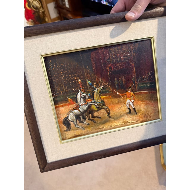 Vintage Pair of Signed Oil Paintings - Circus & Equestrian Scenes by D. Hall, 1965-66 For Sale - Image 9 of 10