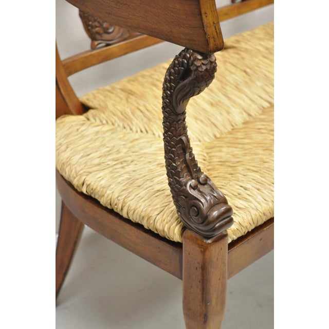 Late 20th Century Vintage Italian Neoclassical Cherry Wood Dolphin Lyre Carved Rush Seat Bench For Sale - Image 5 of 12