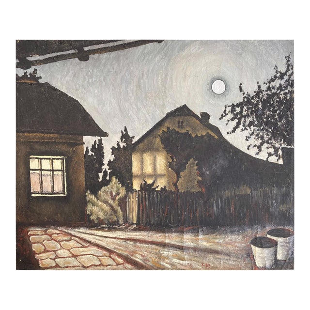 Mid 20th Century Evening in the Village, Vintage Mid-Century Oil Painting For Sale