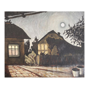 Mid 20th Century Evening in the Village, Vintage Mid-Century Oil Painting