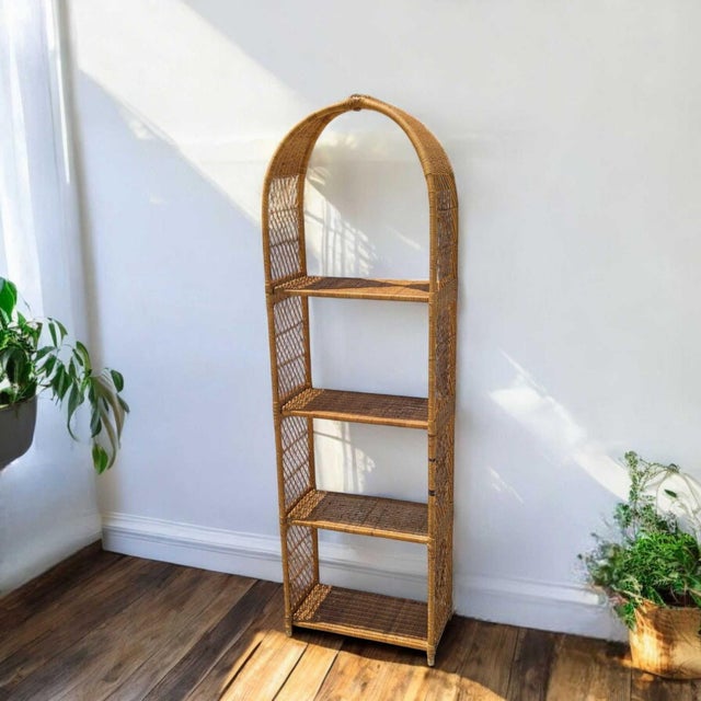 Vintage 1970s Arched Rattan & Cane Étagère, Four-Tier Shelf For Sale - Image 11 of 18