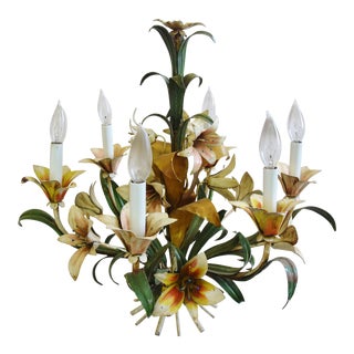 1950s Vintage Italian Floral Tole 6-Arm Chandelier For Sale