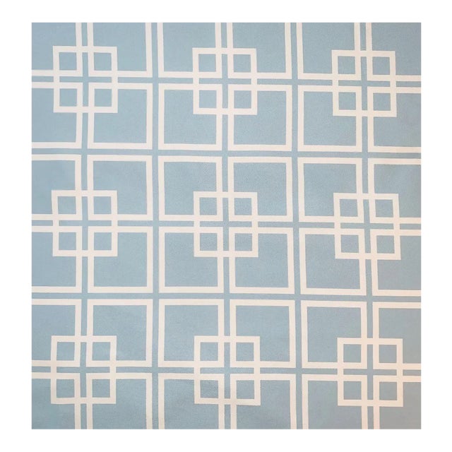 Free Spirit Designer Vicki Payne Aqua & Cream Chinoiserie Chippendale Fretwork Trellis Lattice Fabric- 2.25 Yards For Sale
