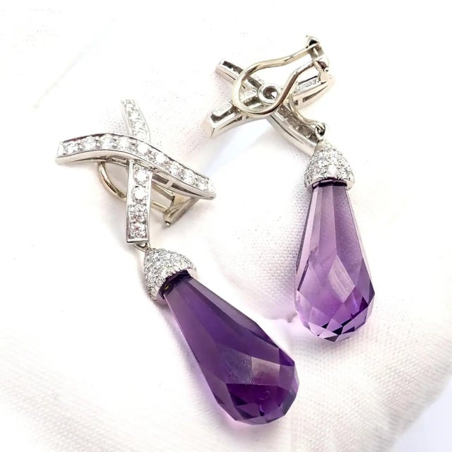 Metal 1980s Pair of Tiffany & Co Paloma Picasso X Drop Diamond Amethyst Night Day Platinum Earrings For Sale - Image 7 of 16