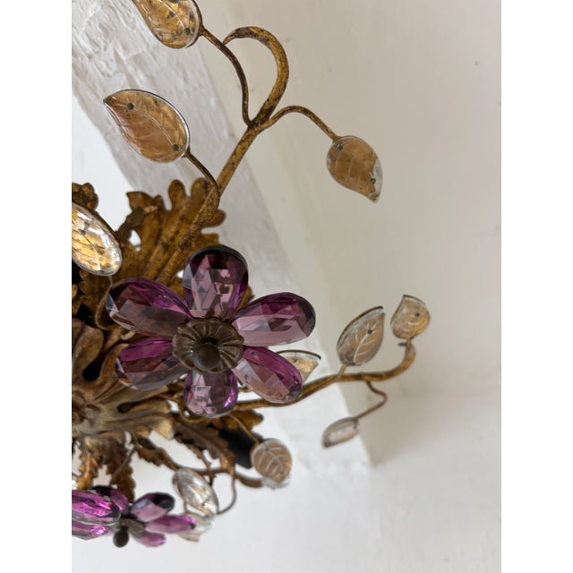 Mid-Century Modern Flush Mount Maison Baguès Crystal Amethyst Flowers Leaves Chandelier 6 Lights For Sale - Image 3 of 9