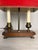 This Vintage 2-Light French Bouillotte Style Table Lamp with Red Shade, Antique Brass & Wood Desk Lamp is in good...