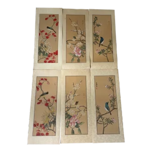Late 20th Century Vintage Collection of Chinese Hand-Painted Birds and Butterflies on Silk - Set of 6