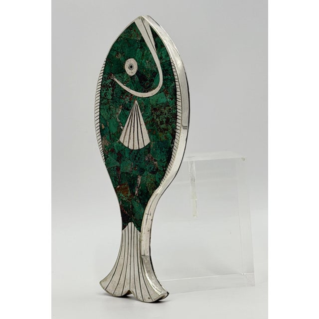 Emilia “Mimi” Castillo Taxco Malachite Silver Plate Fish Hand Mirror, 1970s For Sale In Los Angeles - Image 6 of 18