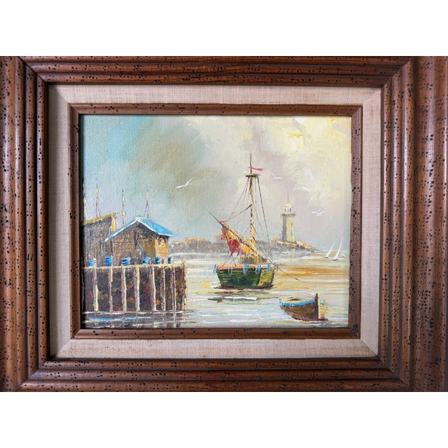Wood 1960s Vintage Coastal Harbor & Lighthouse Oil Painting on Plywood – Framed For Sale - Image 7 of 13