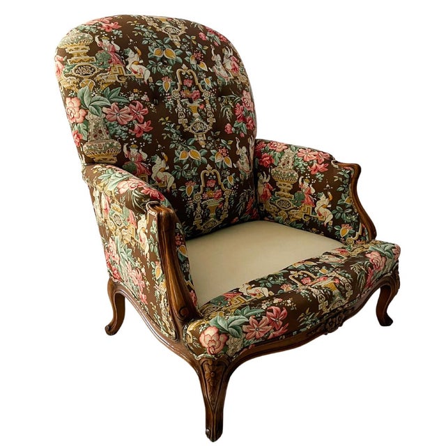 Mid 20th Century Mocha Mousse Chinoiserie Upholstery Bergere Chairs - a Pair For Sale - Image 11 of 12