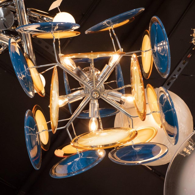 Cerulean Modernist Chrome Chandelier in Handblown Murano Cerulean & Yellow Vistosi Discs For Sale - Image 8 of 8