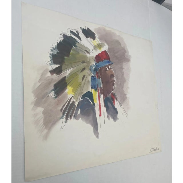 Abstract Portrait of a Native American Man wearing a Traditional Headdress. Possibly Watercolor and Pastel on Paper....