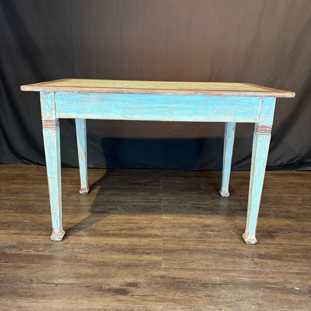 Antique French Provincial Painted Pale Blue Table or Desk With Drawer For Sale - Image 4 of 11