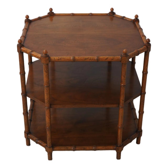 Henredon Attributed Bamboo Form 3 Tier Walnut Lamp Table For Sale