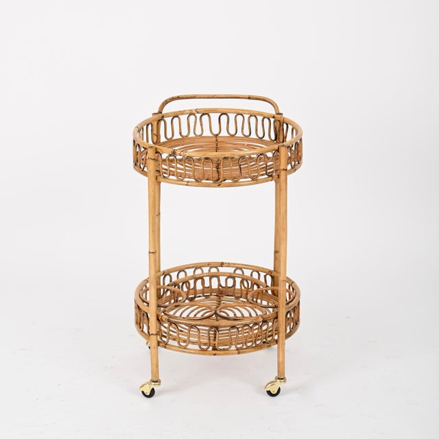 French Riviera Round Serving Bar Cart in Rattan and Wicker, Italy, 1960s For Sale - Image 9 of 11