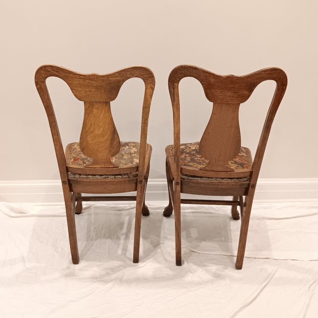 Antique Quarter Sawn Oak Side Chairs With Hand Carved Motif on Each Side and Nailhead Stud Surround Tapestry Seat and Claw Feet For Sale - Image 4 of 18