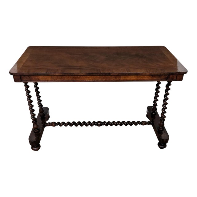 Antique Italian Walnut Burl Inlay Console or Side Table with Bobbin Turned Legs, 1890s For Sale