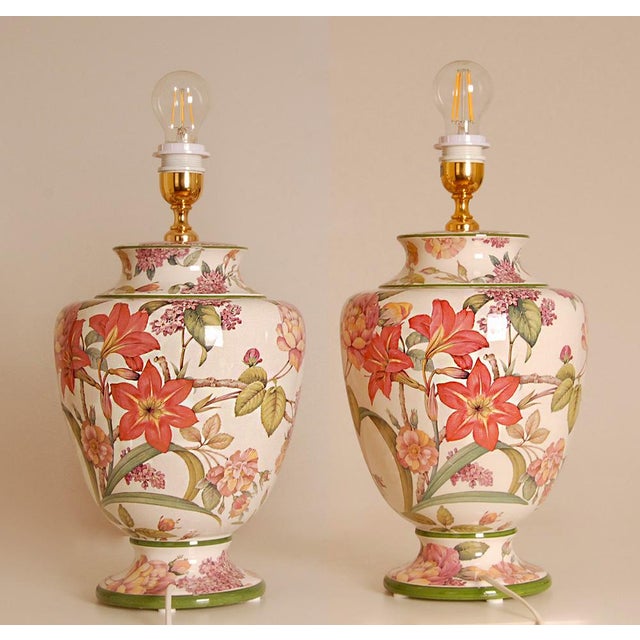 English Vintage Italian Table Lamps Ceramic Floral Tall Porcelain Vase Lamps Tariff Free Delivery - A Pair For Sale - Image 3 of 12