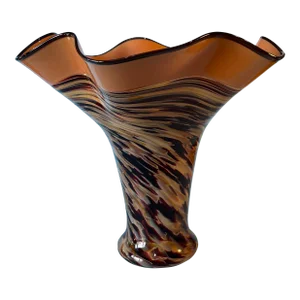 Signed Seattle Glass Blowing Studio Art Glass Amber Brown Wavy Lipped Trumpet Vase Swirled Confetti Pattern